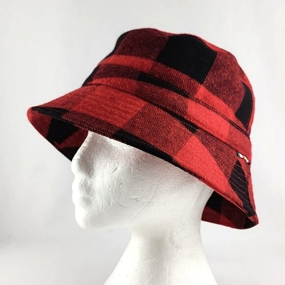 HB STRIPES Women's Bucket Hat Racing Red Black Plaid Wool Blend Fleece Lined O/S - Picture 3 of 12